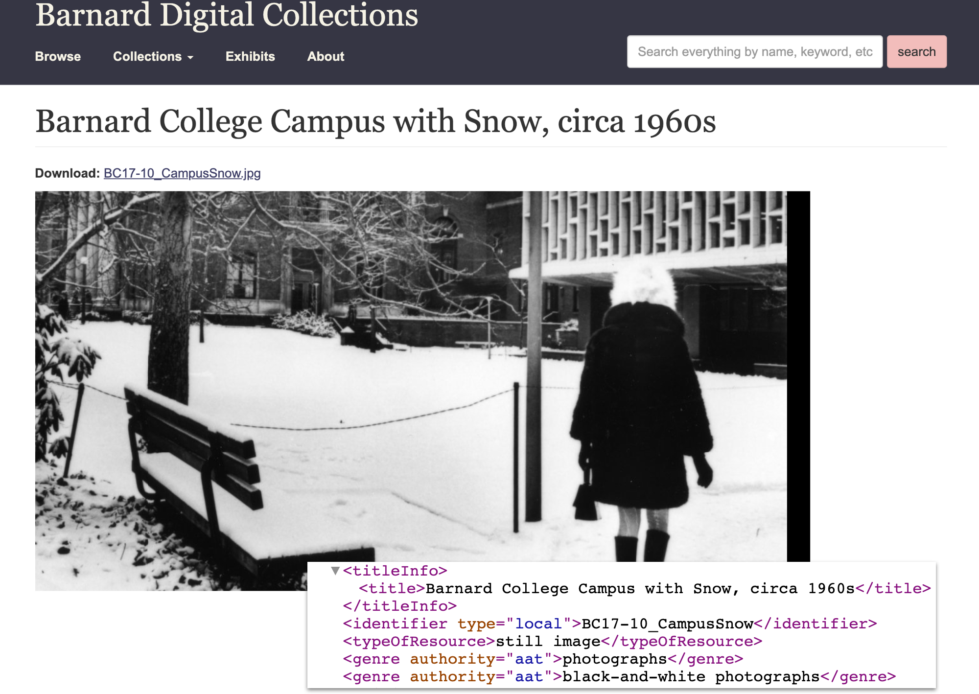 Photo on the Barnard Digital Collections website with accompanying code and metadata