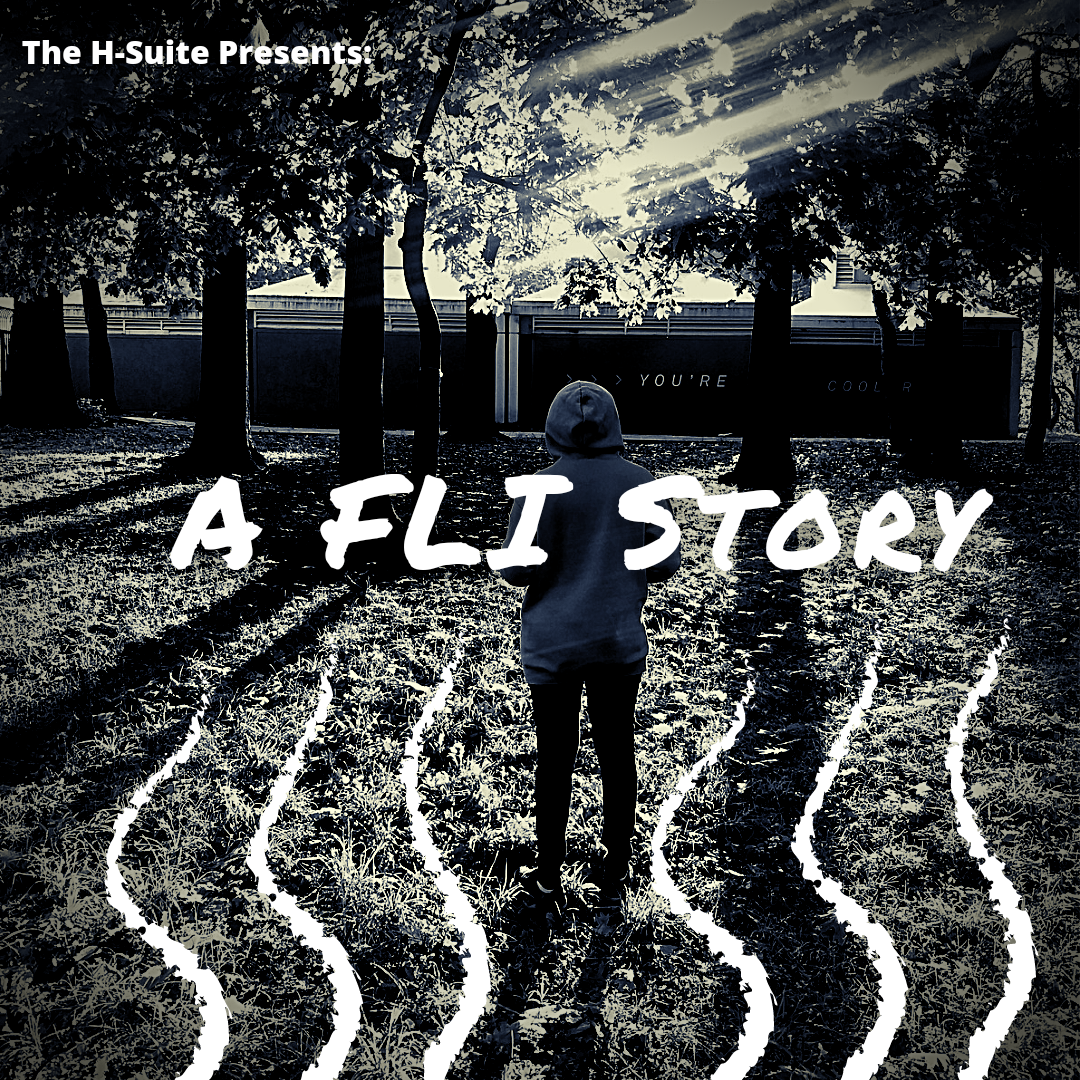 Album-cover style stylized photograph with text reading "The H-Suite Presents: A FLI Story" with motion lines coming off of the text. Behind the text a figure stands with their back to us, facing a structure with the words "You're Cool" on the side, trees, and sunlight.