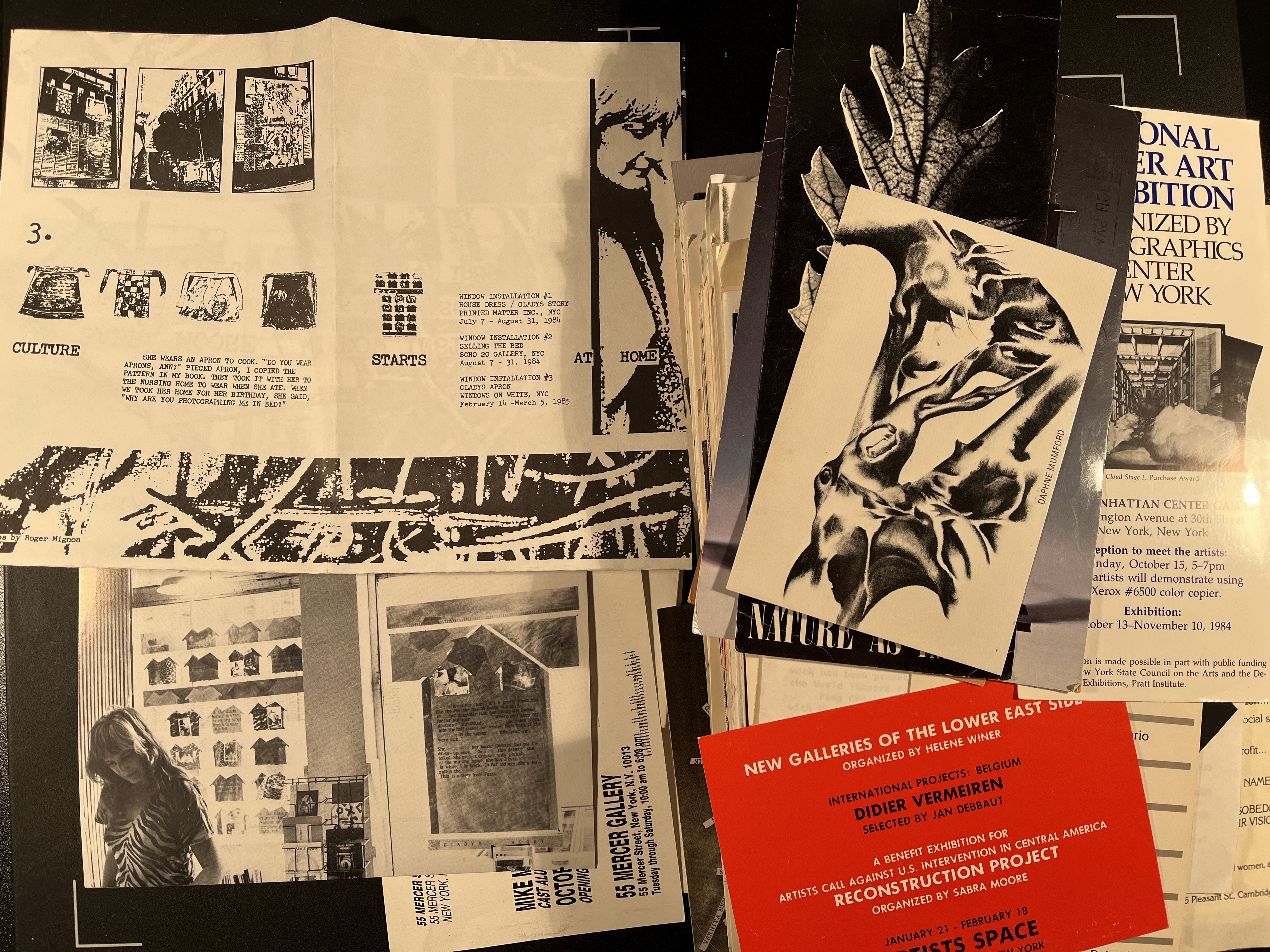 Various show cards for shows by Sabra Moore and other artists from the 1980s