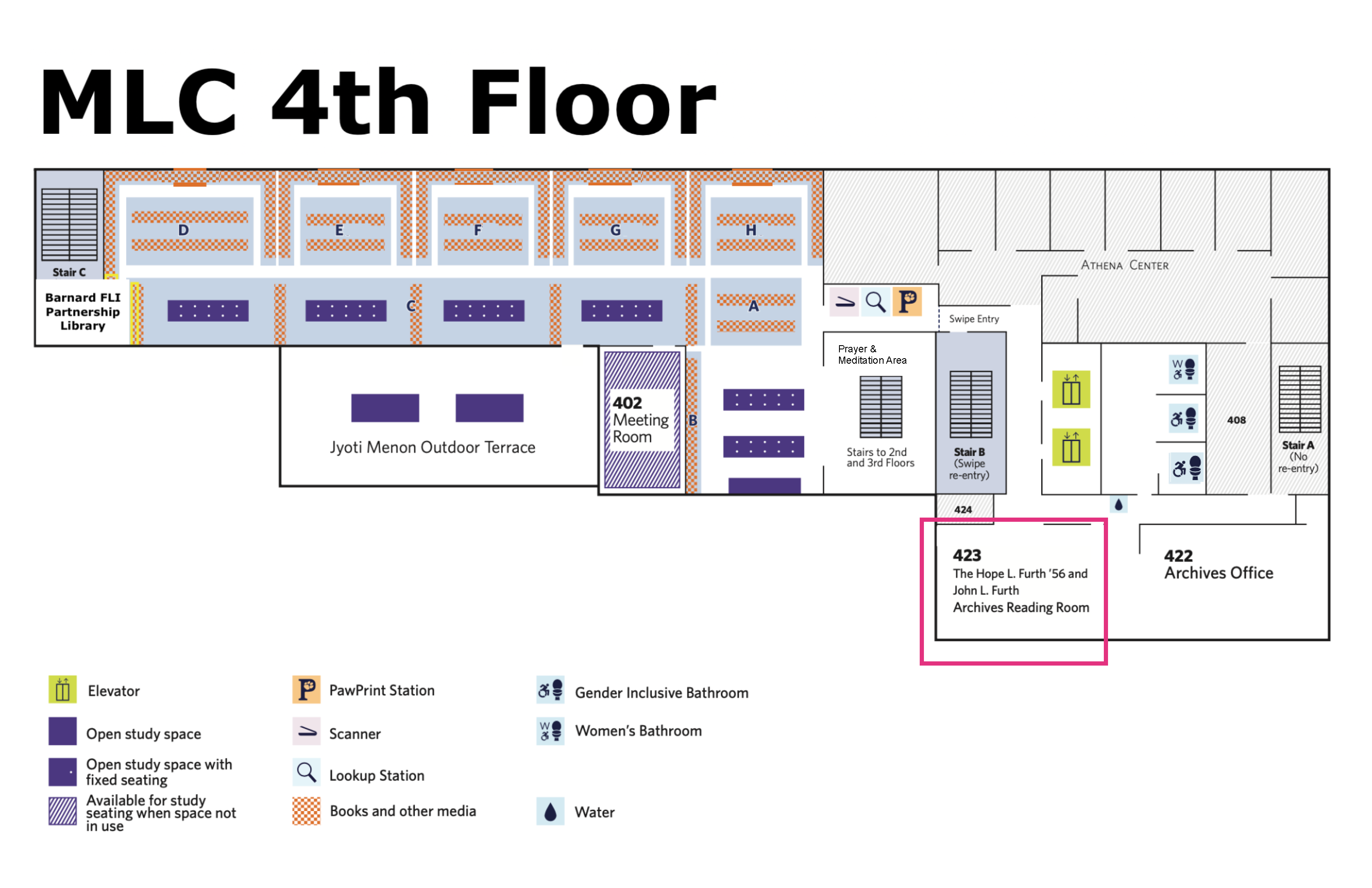 Map of the 4th floor of the Milstein Center showing the Archives reading room outlined in pink