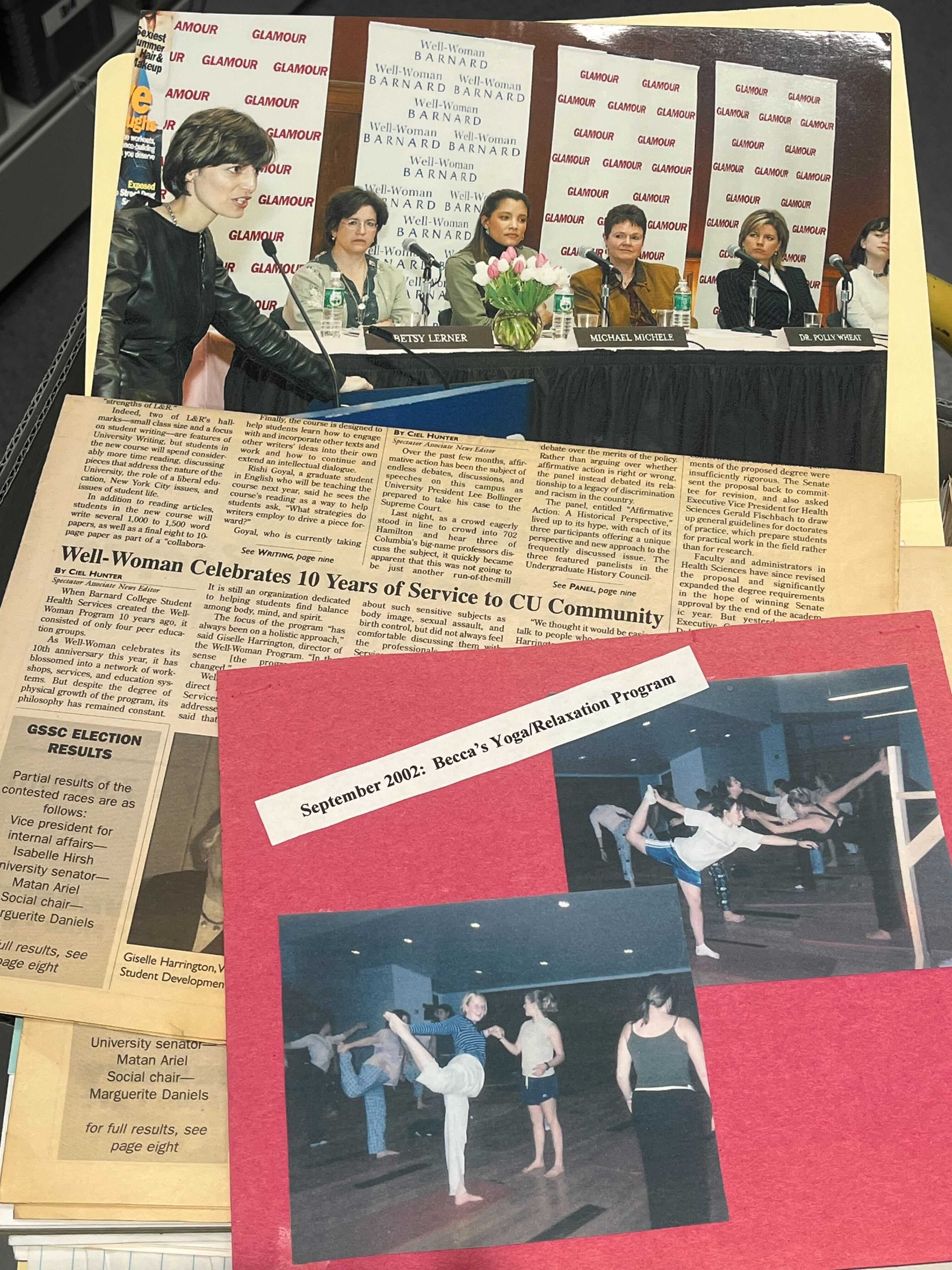 Health Services records, including photographs of a panel and exercise classes, and a newspaper clipping