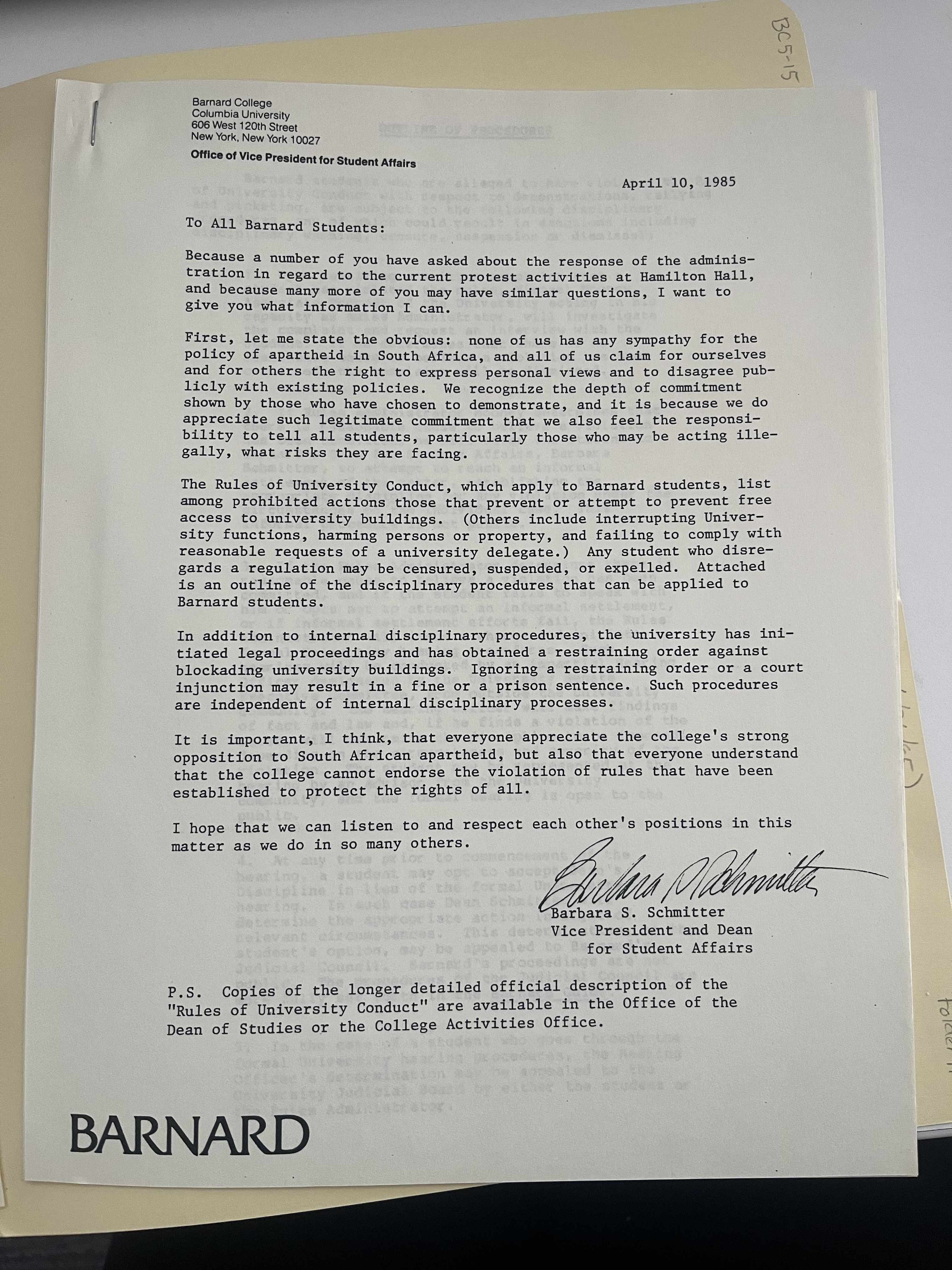 Letter from Dean Barbara Schmitter about South African apartheid protests, from the Dean's Office Collection