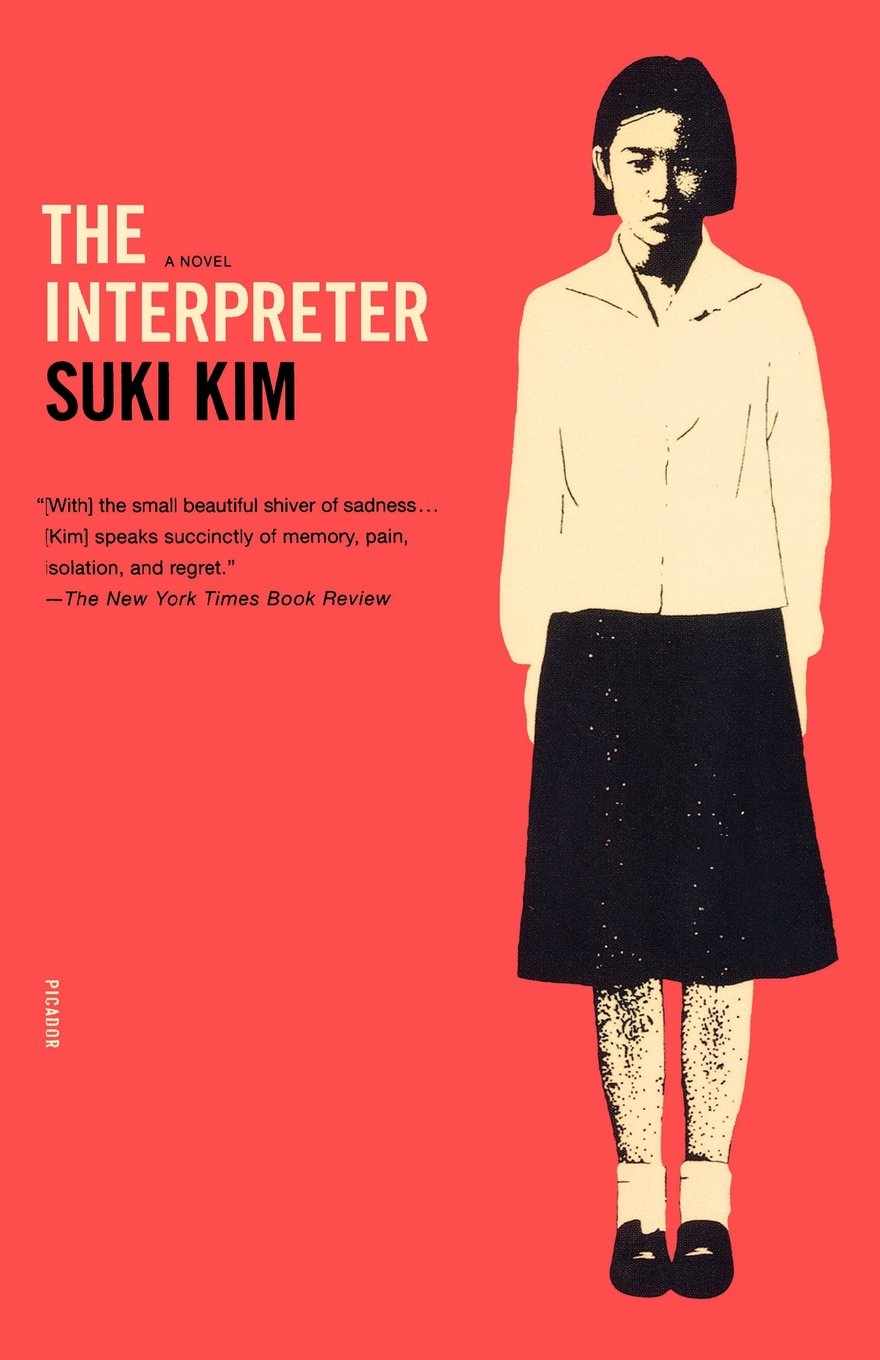 The Interpreter by Suki Kim. The cover depicts a young woman in a school uniform standing rigidly in front of a bright red background.