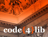 Code4Lib logo overlaid on an architectural detail from a building